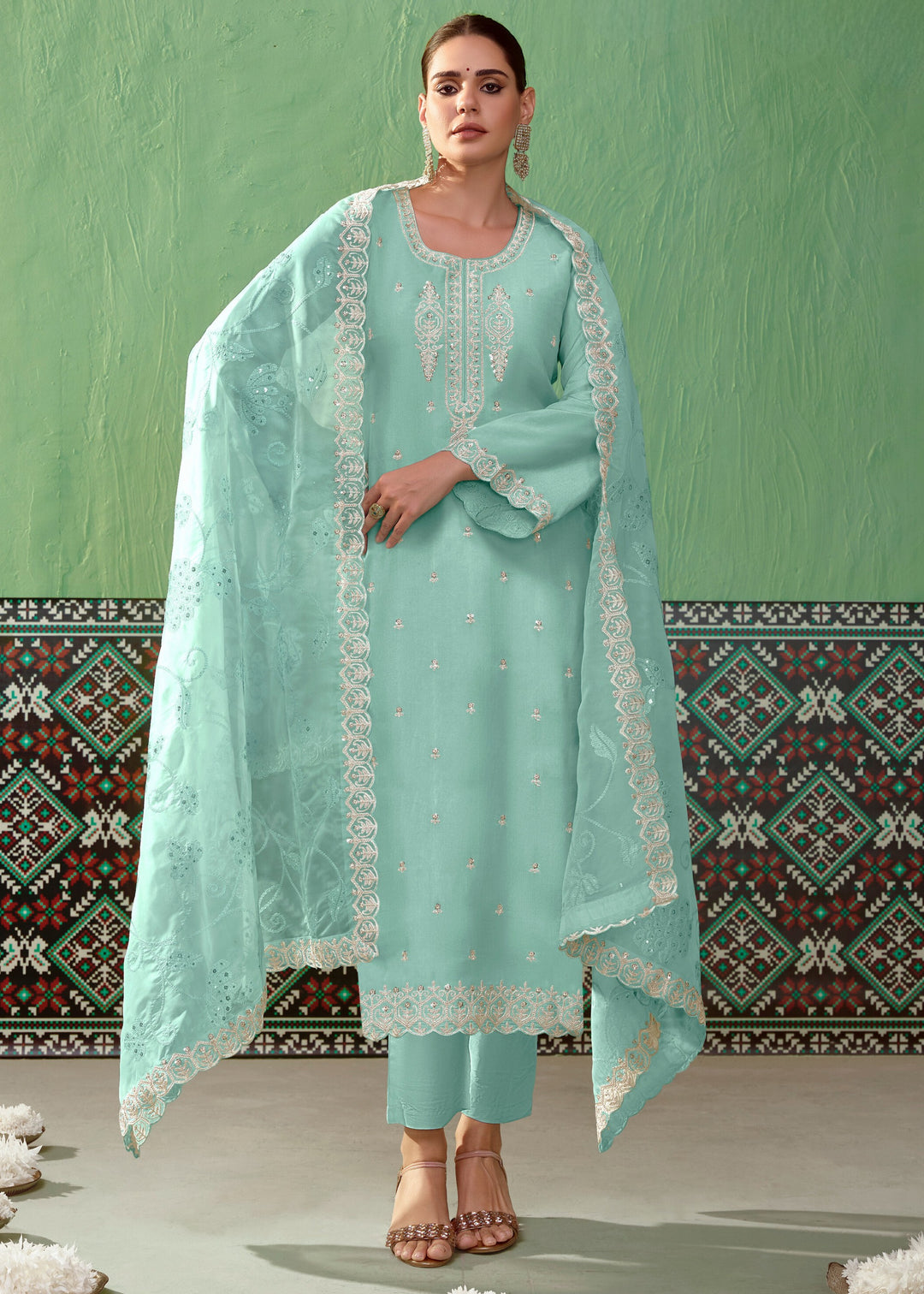 Blue Pure Bamber Silk with Embroidery Salwar Suit