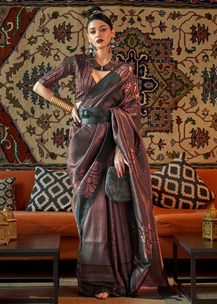 Charcoal Copper Zari Handloom Weaving Saree