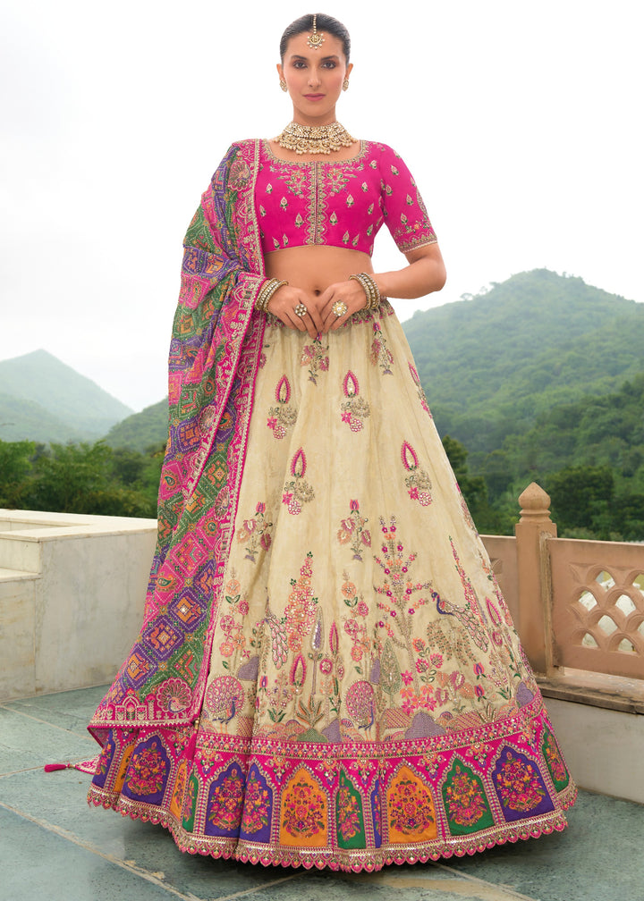 Pink And Cream Banarasi Silk Lehenga With Heavy Embroidery Work