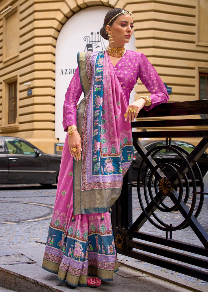 Shocking Pink Poly Viscose Silk Saree With Foil Print