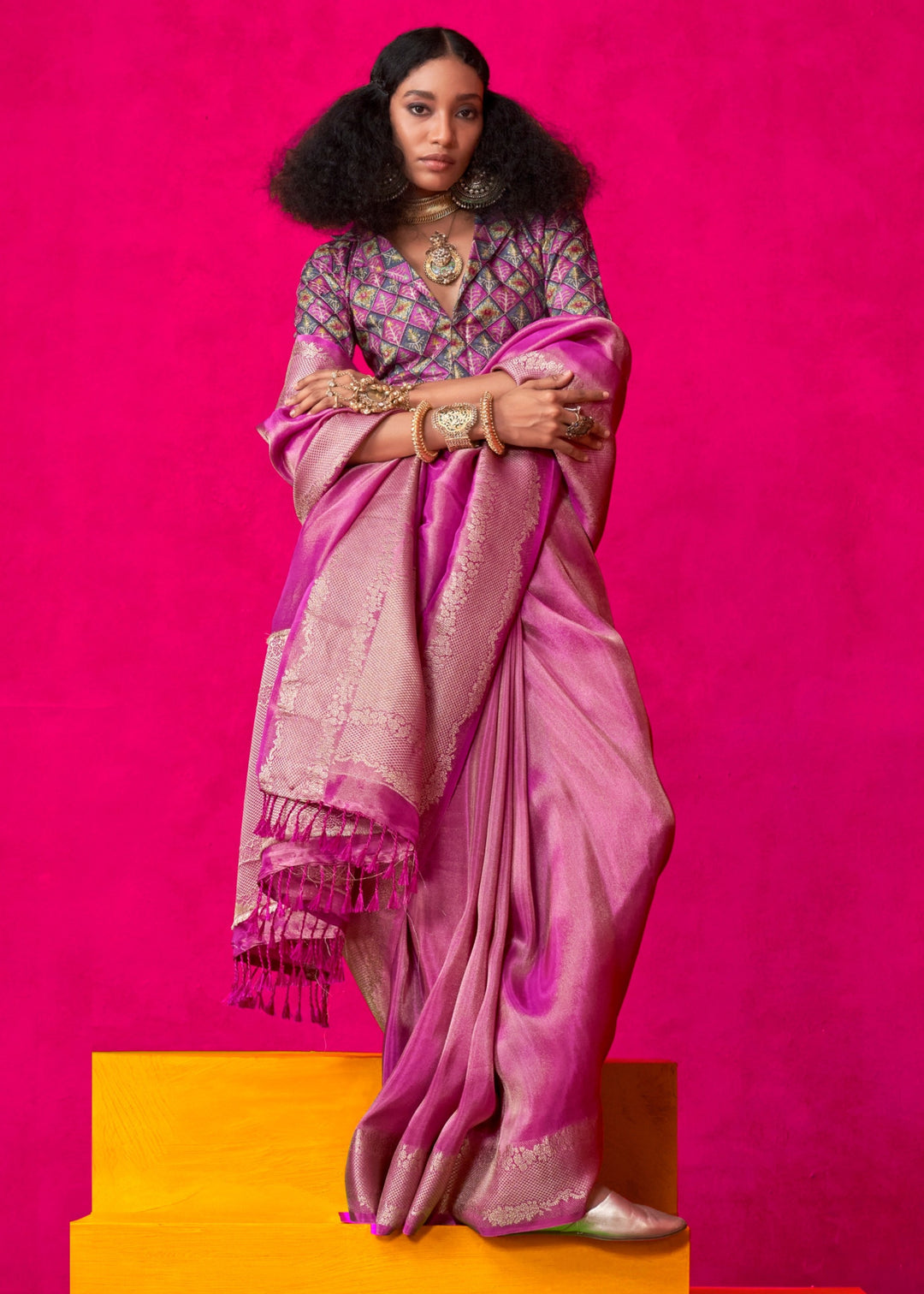 Deep Pink Zari Tissue Silk Saree With Weaving Border