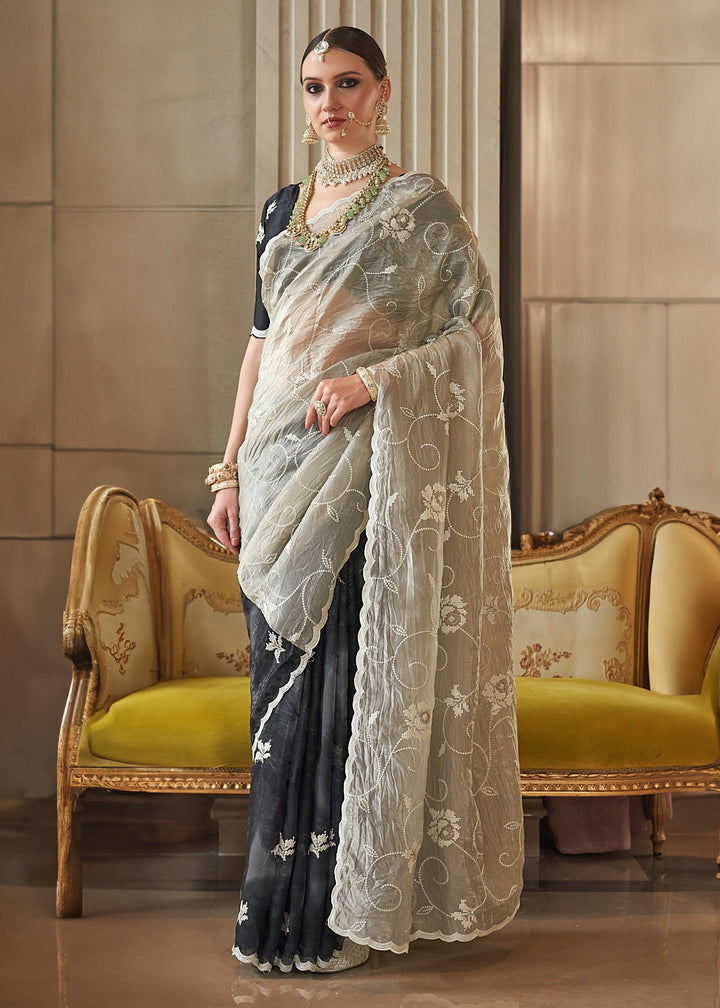 Midnight Black And Beige Fancy Tissue Saree With Unique Work And Designer Blouse