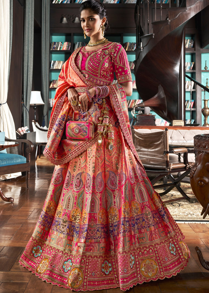 Coral Pink Banarasi Silk Lehenga with Zarkan Codding work