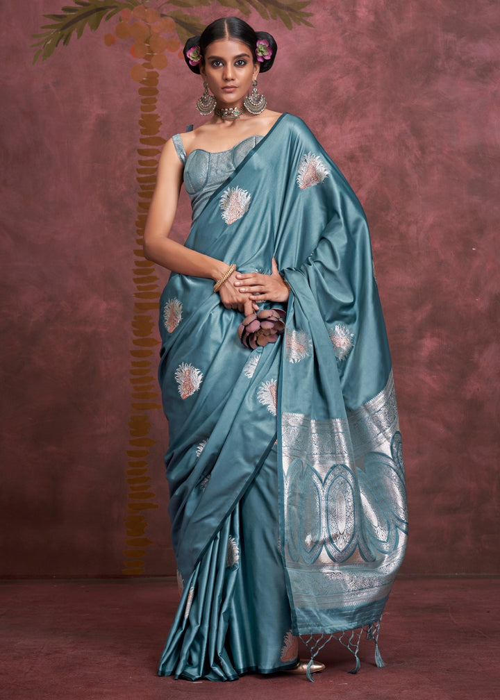 Azure Blue Handloom Weaving Satin - Banarasi Zari Saree