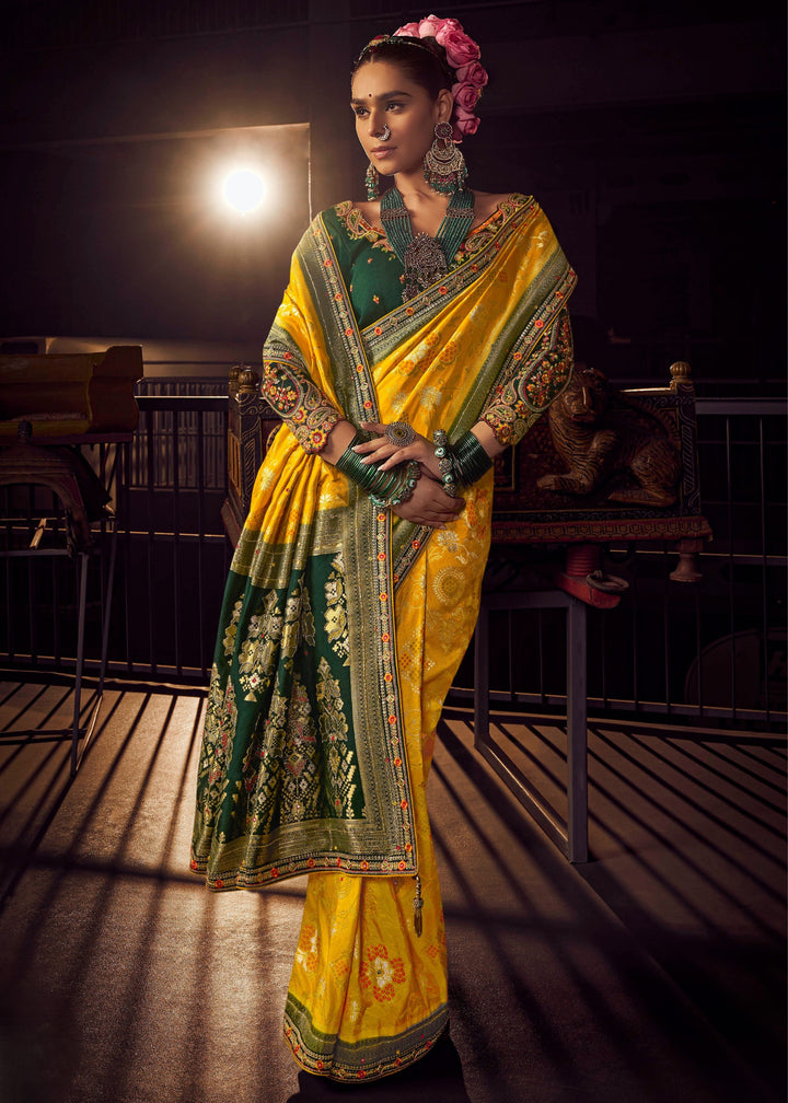 Mustard Yellow Pure Viscose Dola Silk Saree With Handwork On Blouse And Pallu