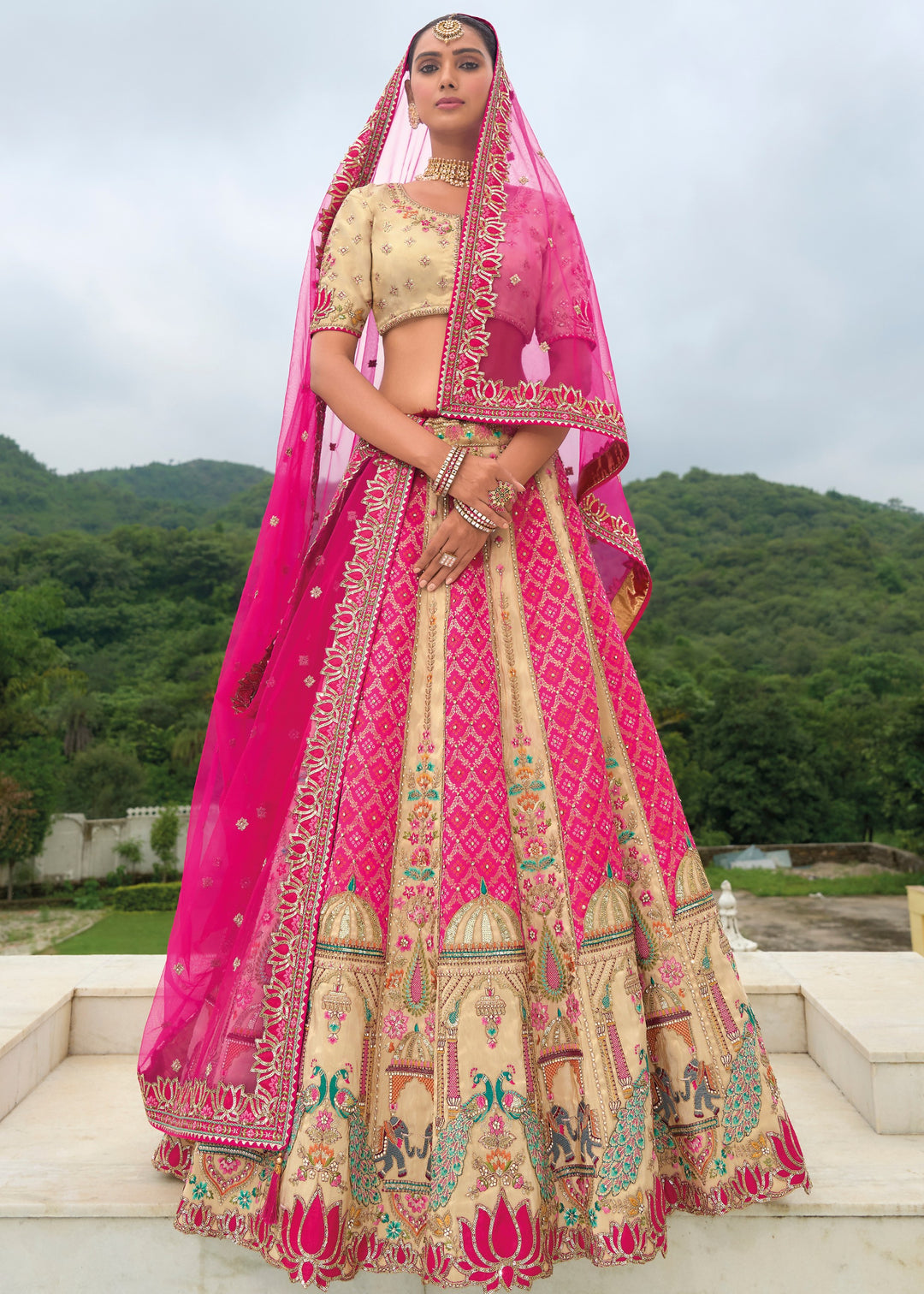 Off White And Pink Banarasi Silk Lehenga With Heavy Embroidery Work