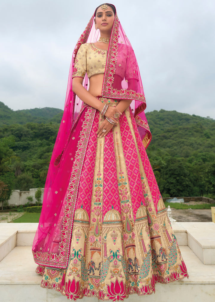 Off White And Pink Banarasi Silk Lehenga With Heavy Embroidery Work