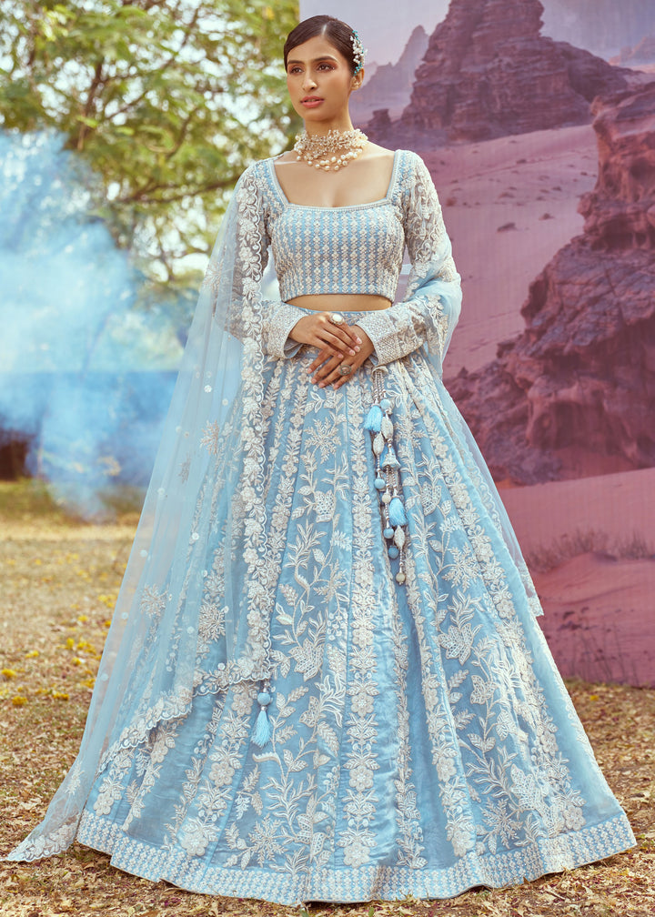 Sky Blue Organza Sequins embroidery Lehenga