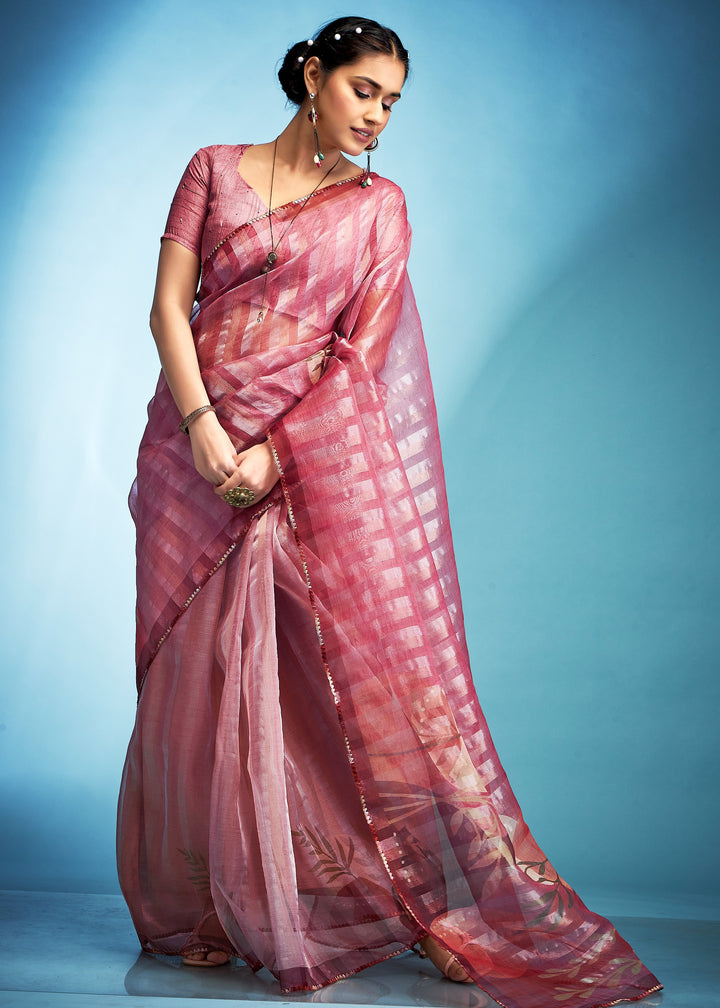 Candy Pink Tissue Silk Saree With Floral Print