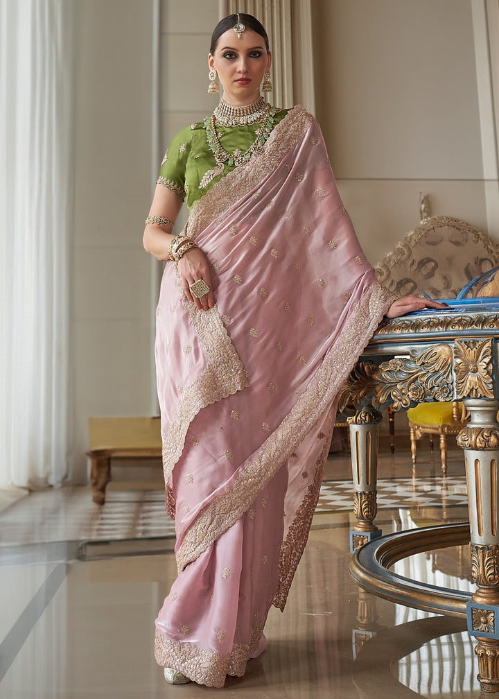 French Pink Fancy Tissue Saree With Unique Work And Designer Blouse