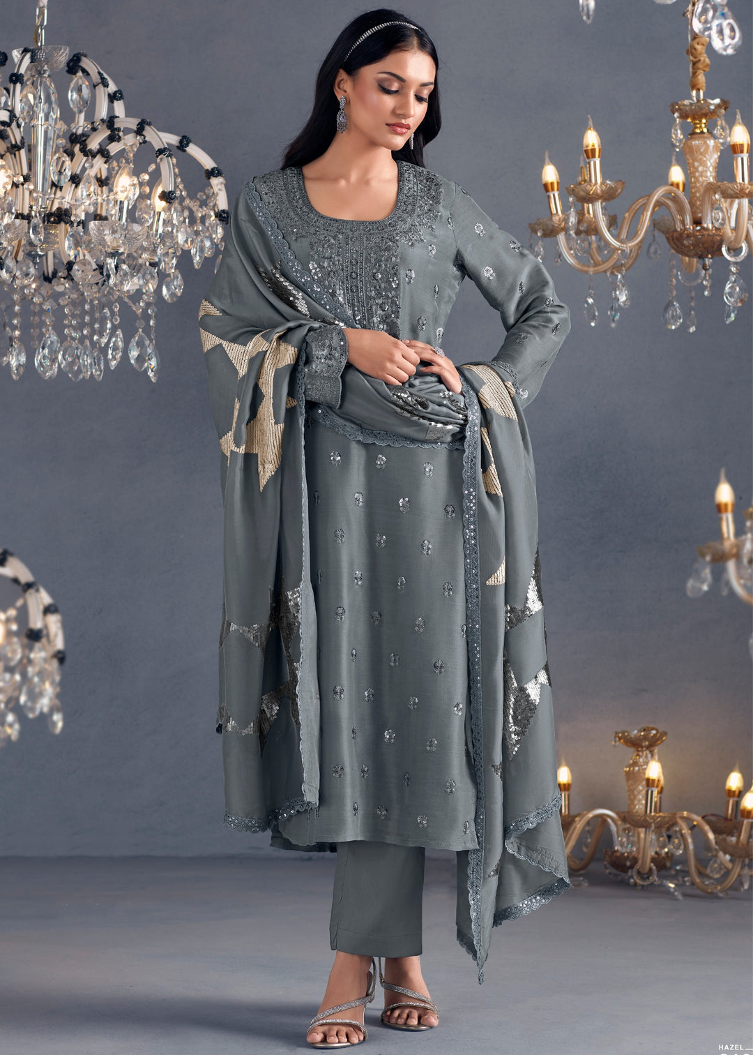 Grey Hazel Russian Silk Sequins Salwar Suit