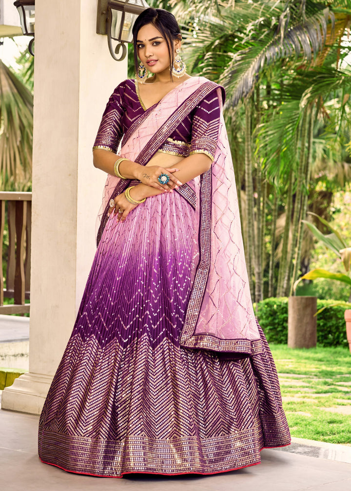 Plum Purple Chinon Silk Lehenga With Sequence and Thread Embroidery Work