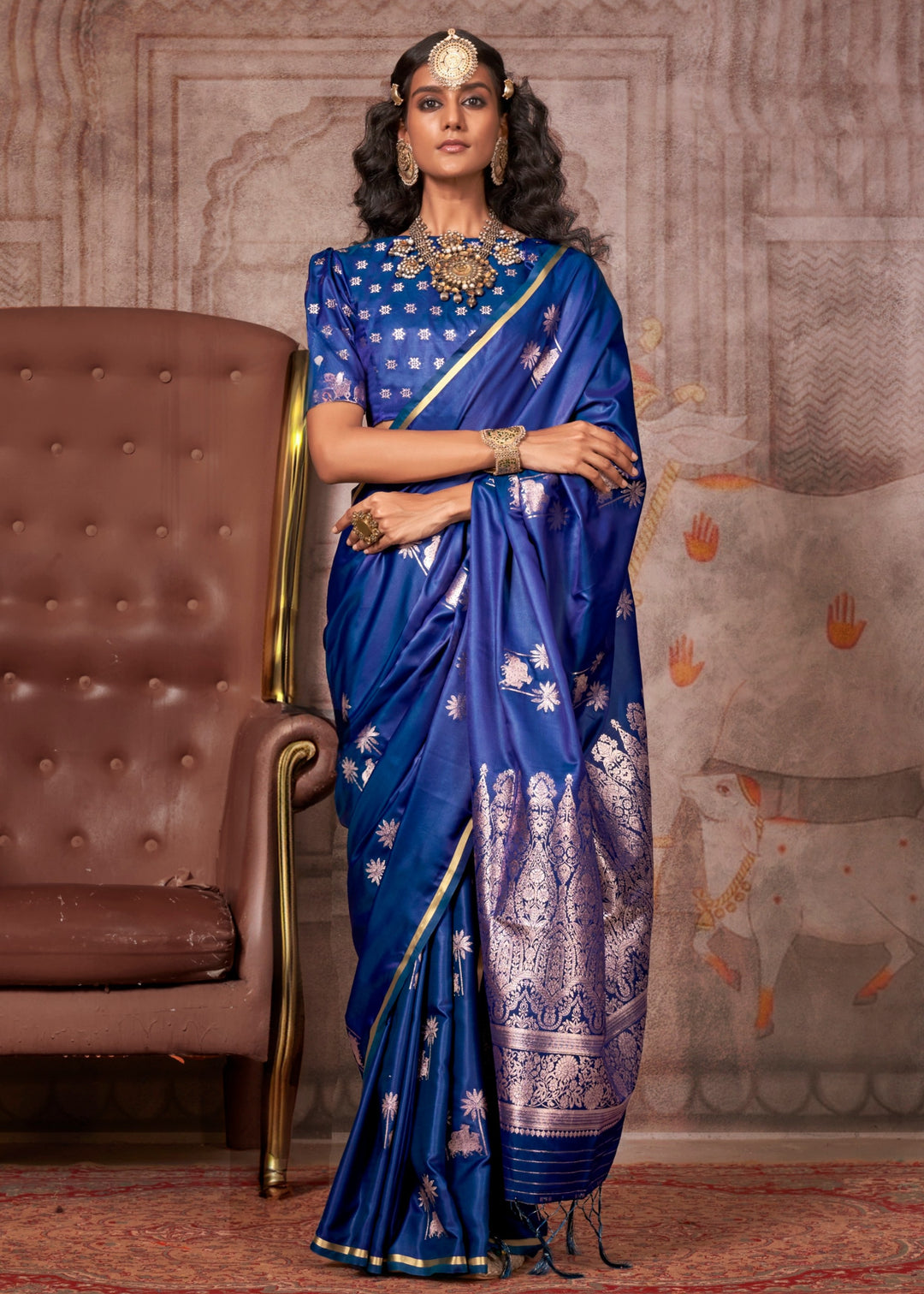 Turquoise Pure Satin Handloom Weaving Silk Saree