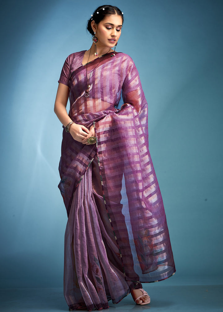 Electric Purple Tissue Silk Saree With Floral Print