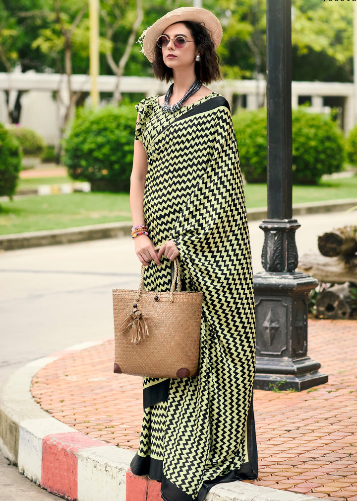 Tea Green Printed Satin Silk Saree