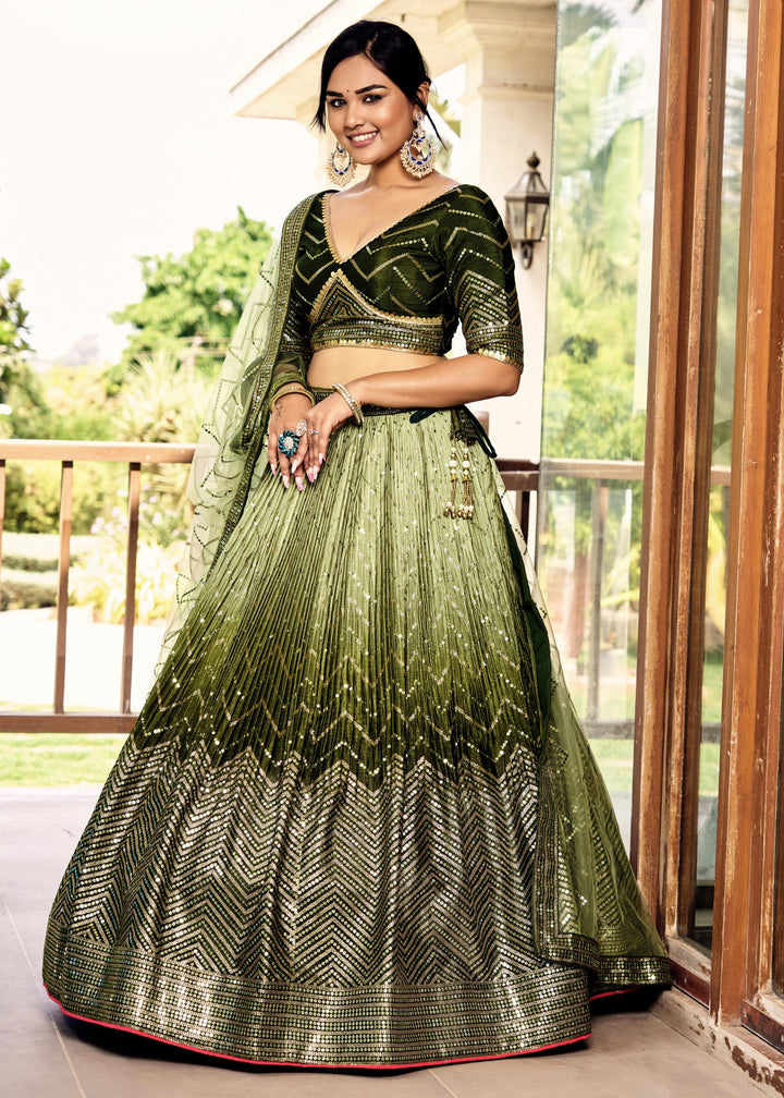 Mehendi Green Chinon Silk Lehenga With Sequence and Thread Embroidery Work