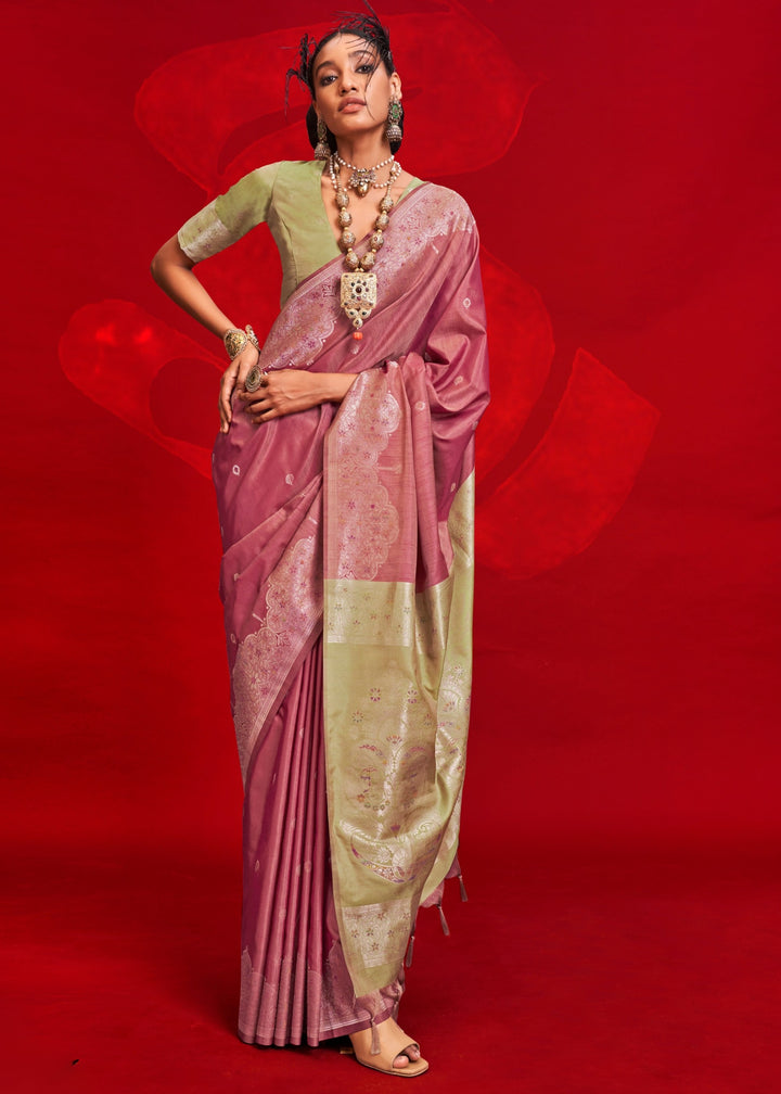 Dull Pink Tussar Silk Handloom Weaving Saree with Contrast Ikkat Pallu