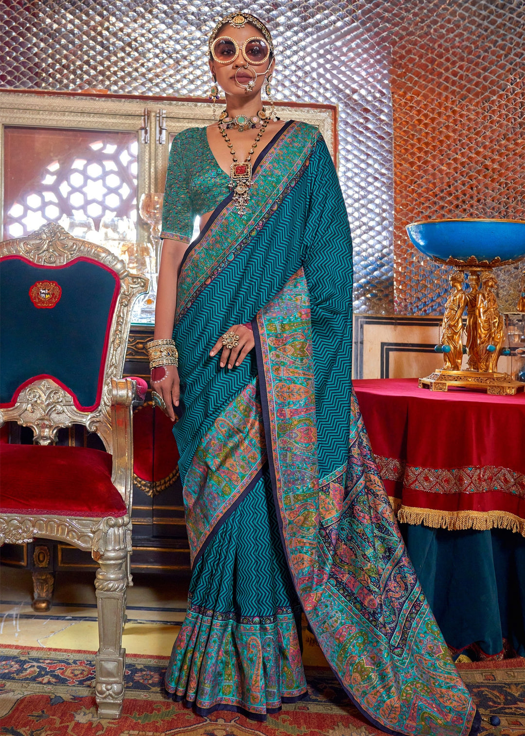 Cerulean Blue Silk Saree With Beautiful Print