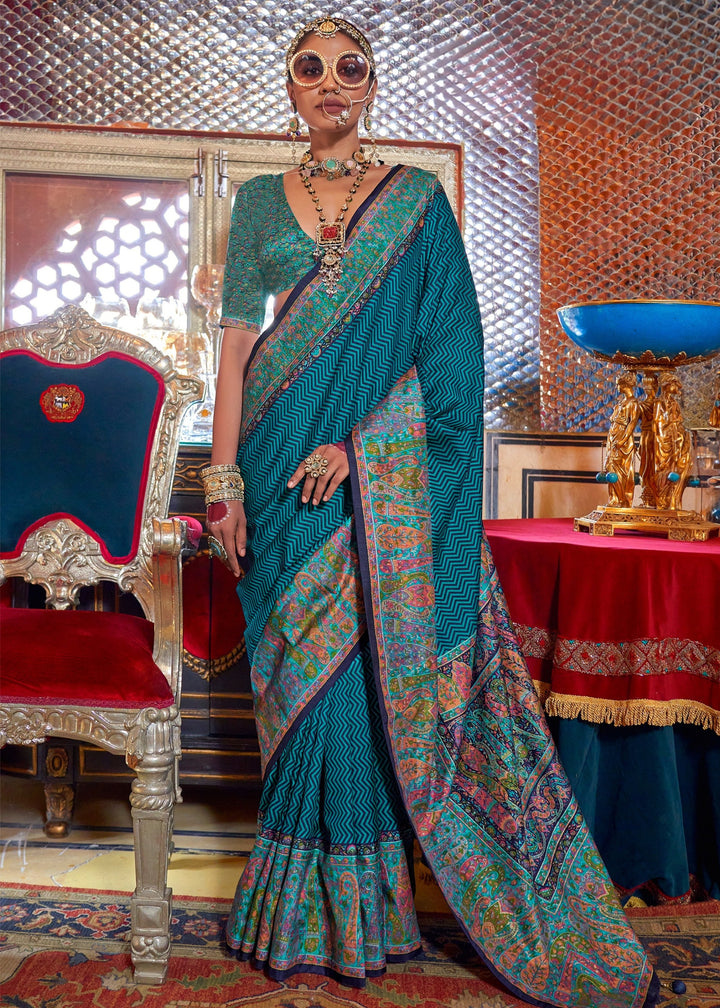 Cerulean Blue Silk Saree With Beautiful Print