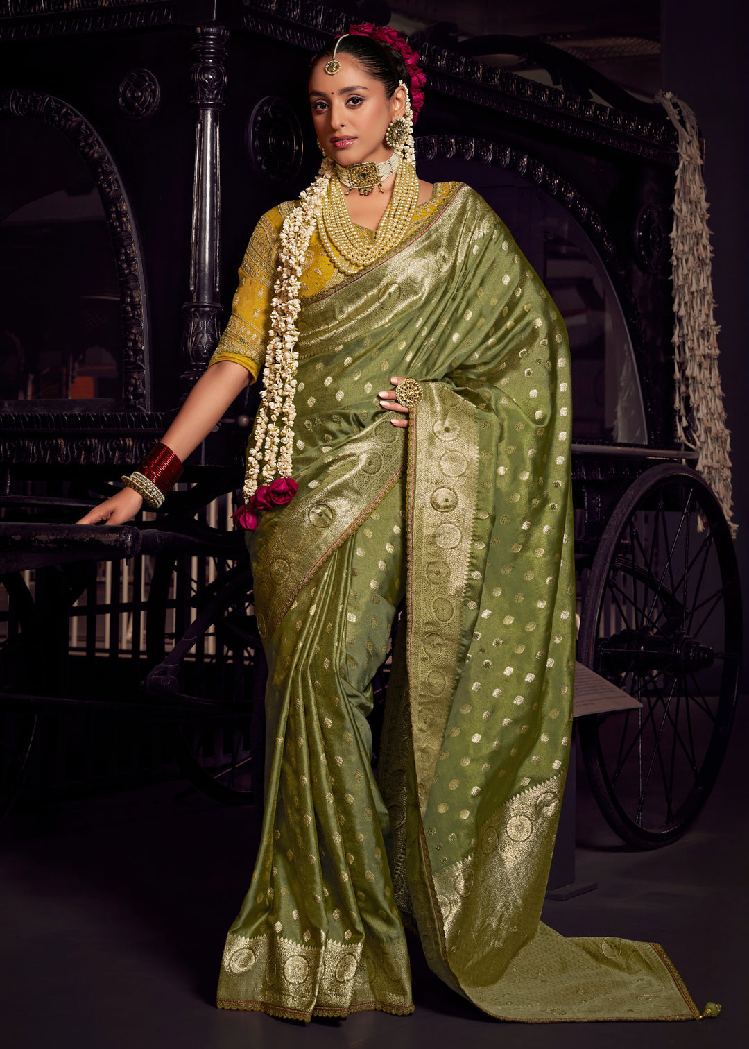 Green Viscose Tissue Silk Saree with Handworked Pallu And Contrast Designer Blouse