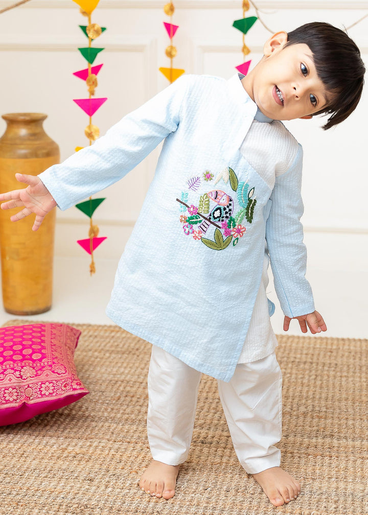 Organic Cotton Hand Embroidered Light Blue Angrakha Kurta with Pajama - Toucan