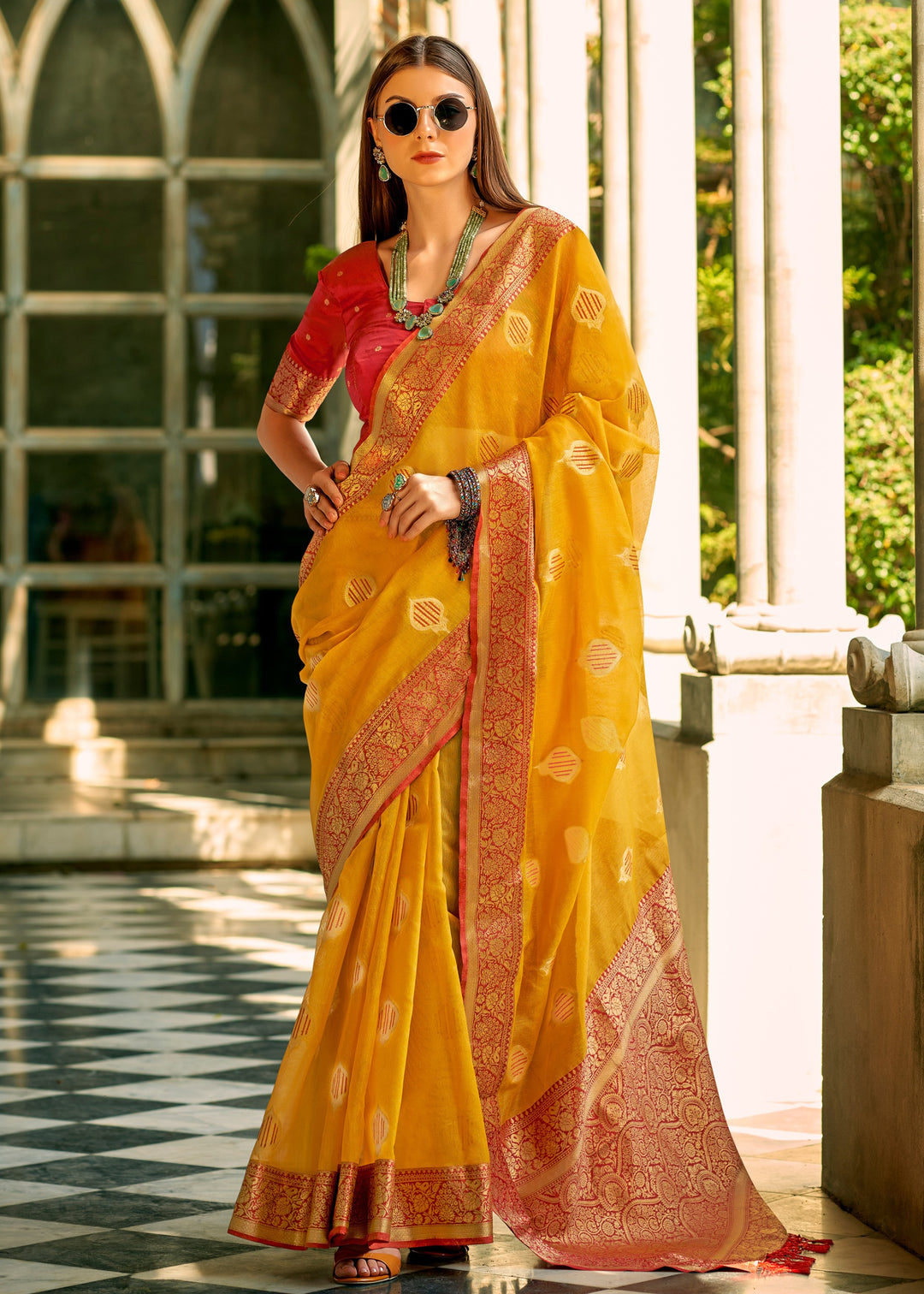 Dandelion Yellow Soft Tissue Silk Saree With Contrast Border