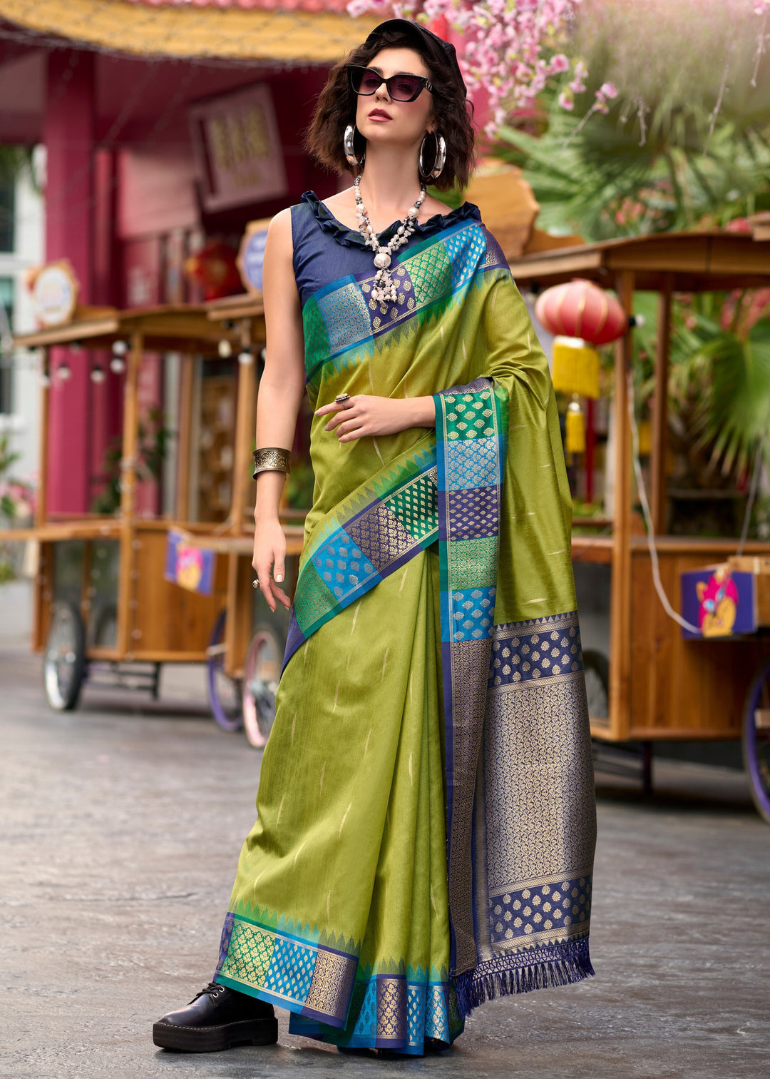 Slime Green Banarasi Silk Saree With Beautiful Contrast Border