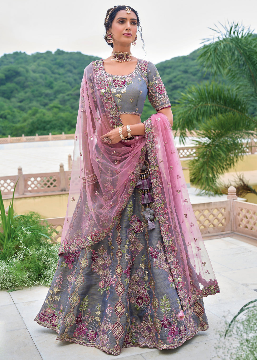 Anchor Grey and Light Purple Viscose Tissue Lehenga Choli with Embroidery Work