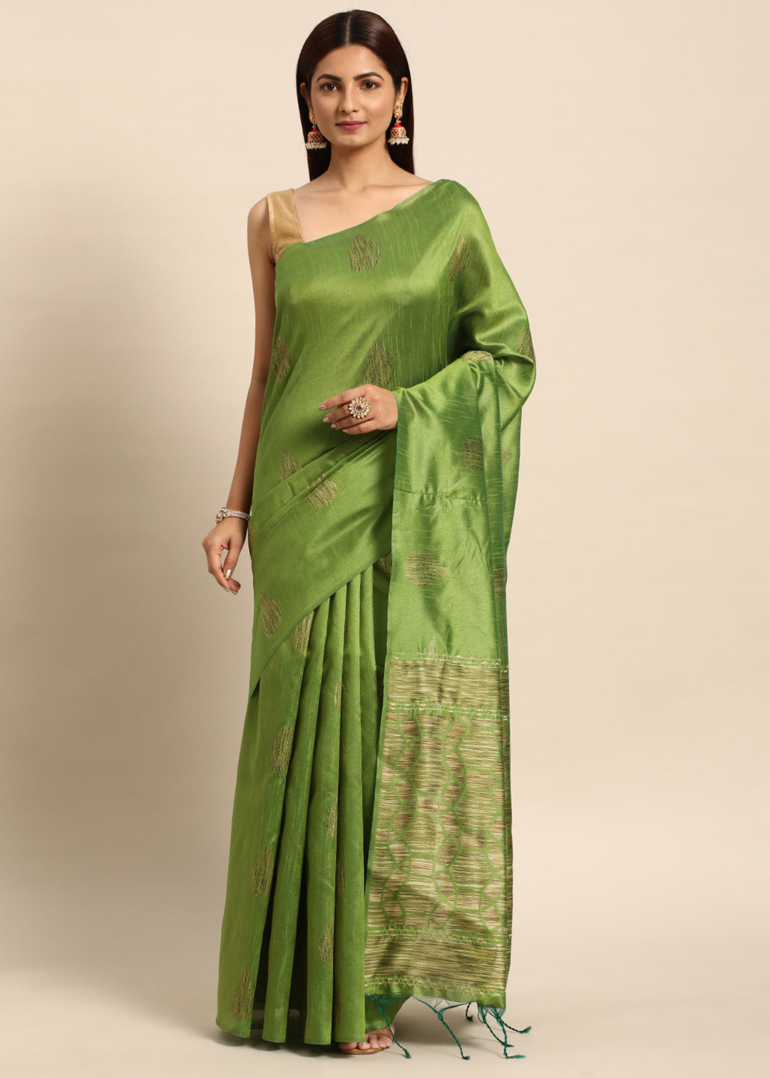 Waitrose Green Woven Handloom Raw Silk Saree