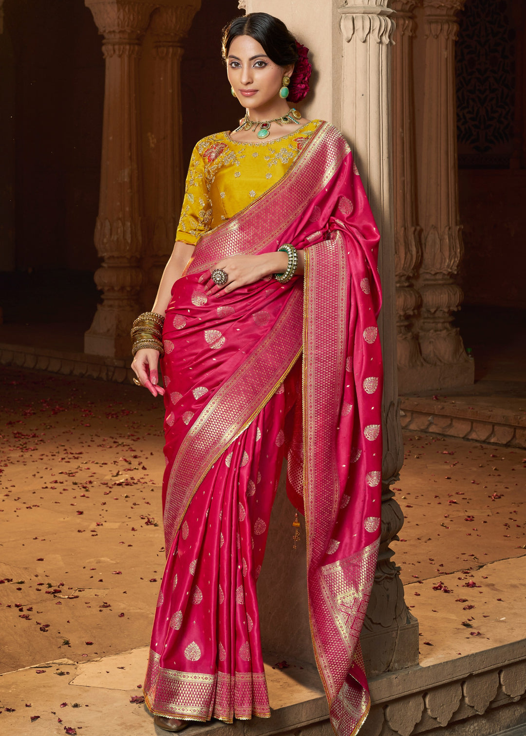 Rani Pink Satin Silk Saree With Beautiful Lace Border And Heavy Designer Embroidered Blouse