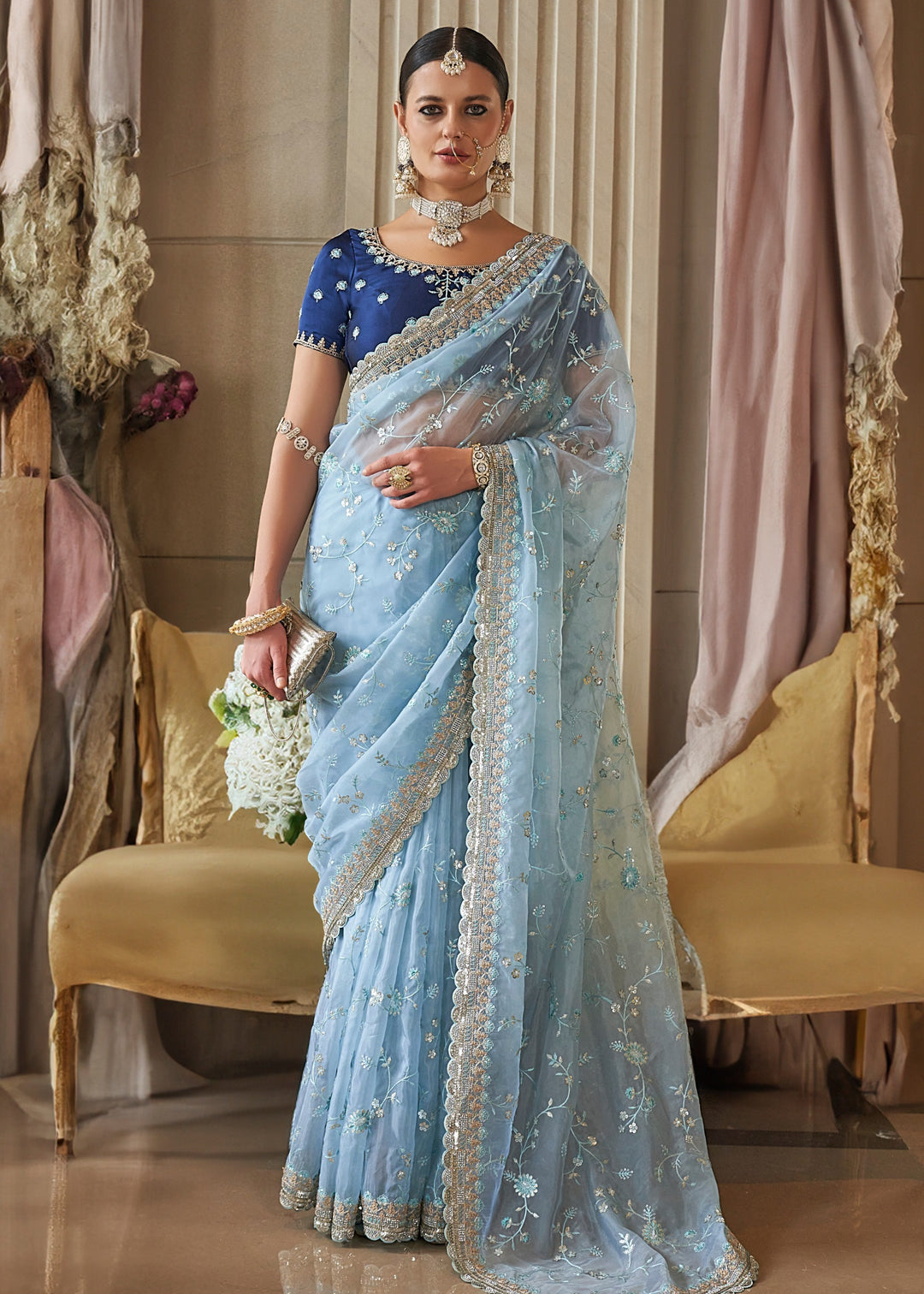 Sky Blue Fancy Tissue Saree With Unique Work And Designer Blouse