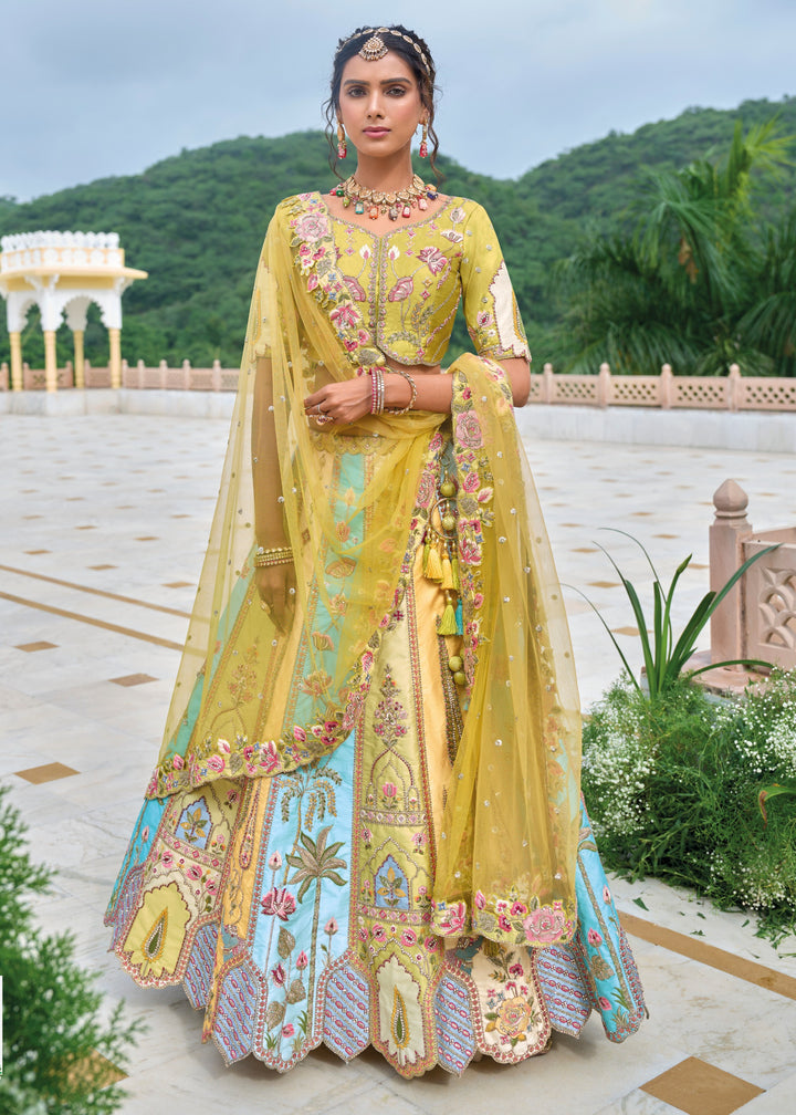 Green and Light Blue Viscose Tissue Lehenga Choli with Embroidery Work