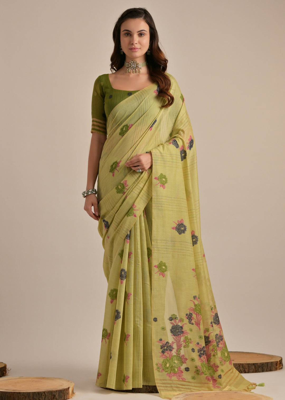 Pista Green Thread Woven Cotton Saree With Contrast Blouse