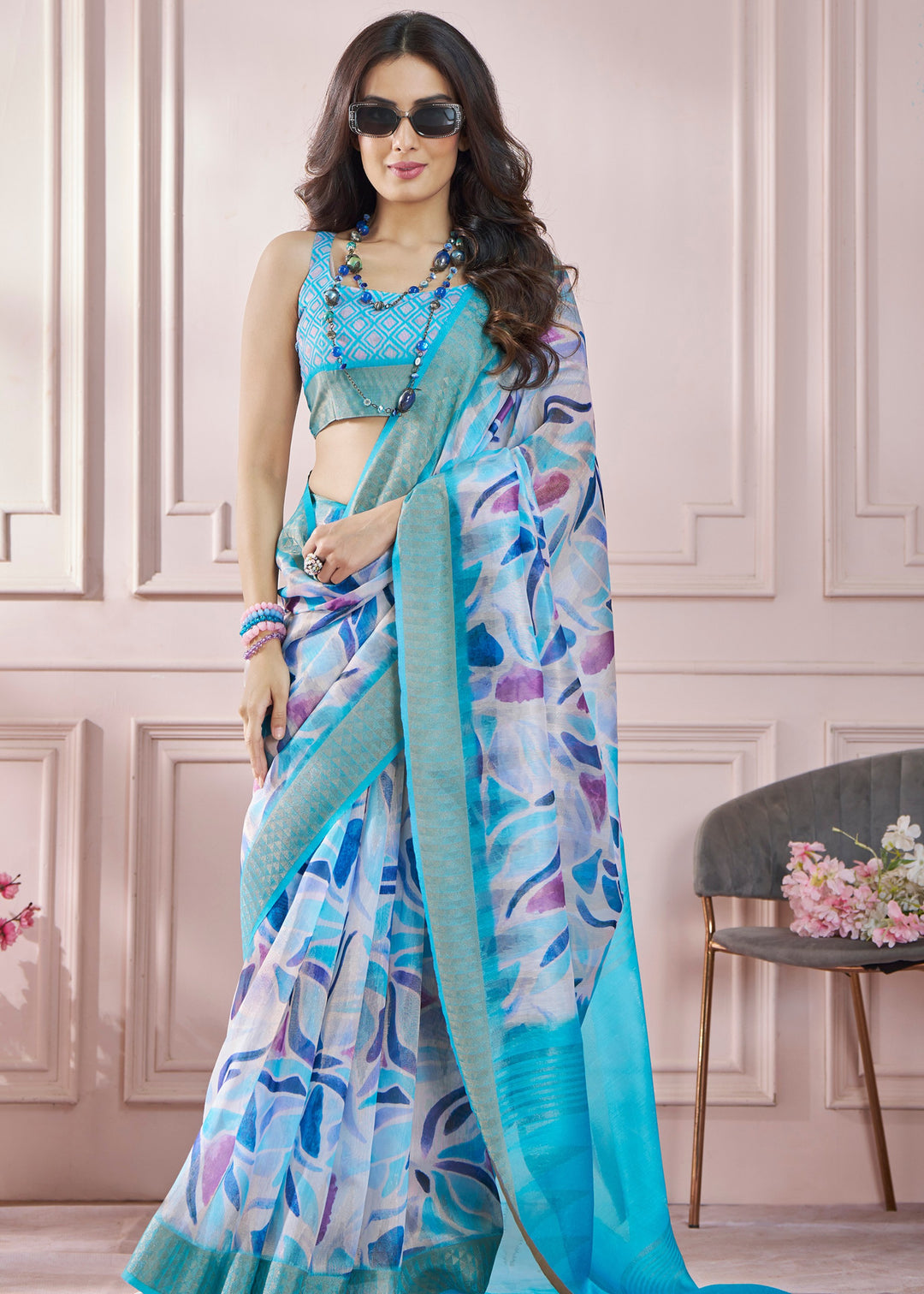 Light Blue Soft Zari Based Modal Silk Saree With Beautiful Colorfull Print