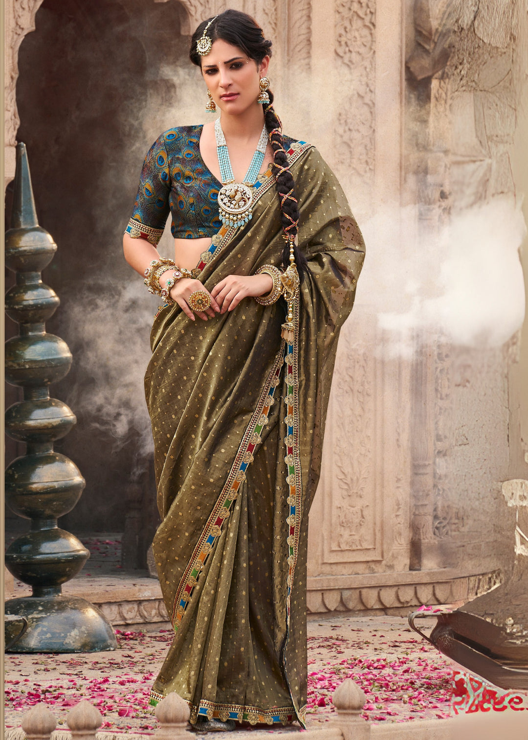 Army Green Tissue Silk Saree With Multicolored Lace & Designer Blouse