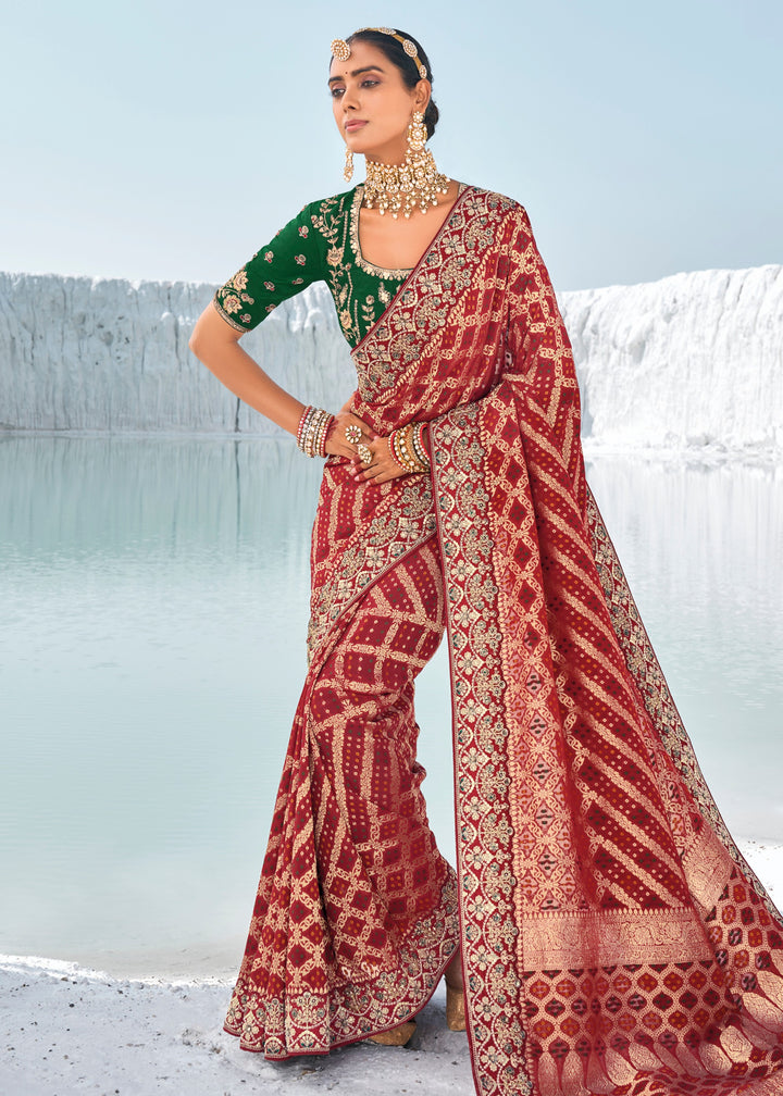 Maroon Pure Georgette Bandhani Patola With Zari Weaving Heavy Work Saree