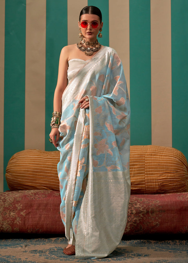 Light Blue Handloom Weaving Linen Saree