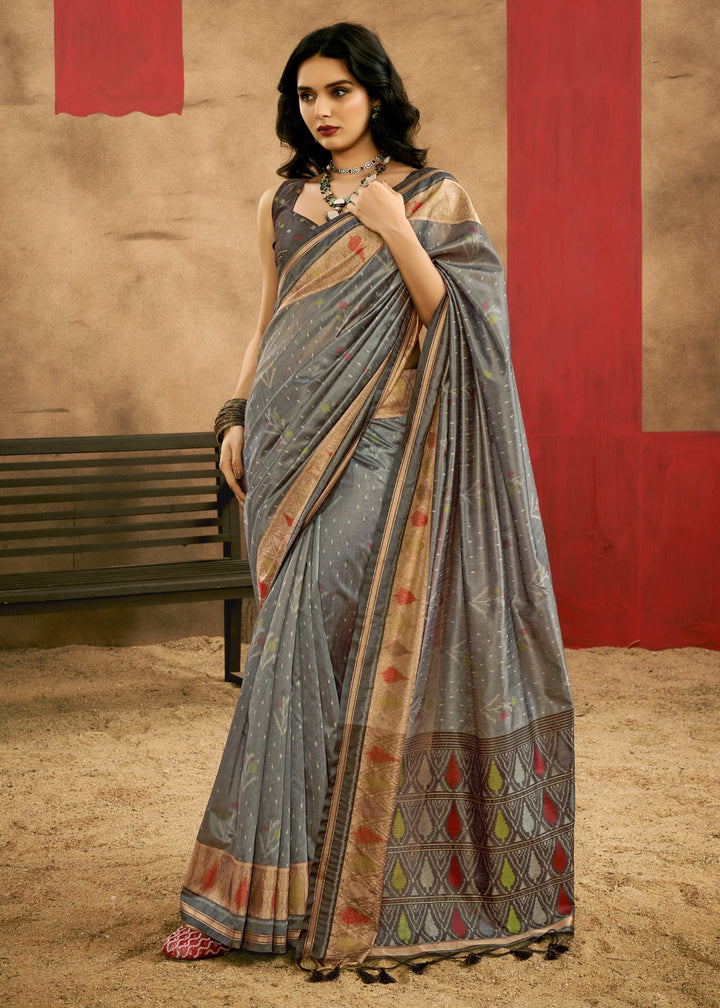 Grey Patola Handloom Weaving Silk Saree