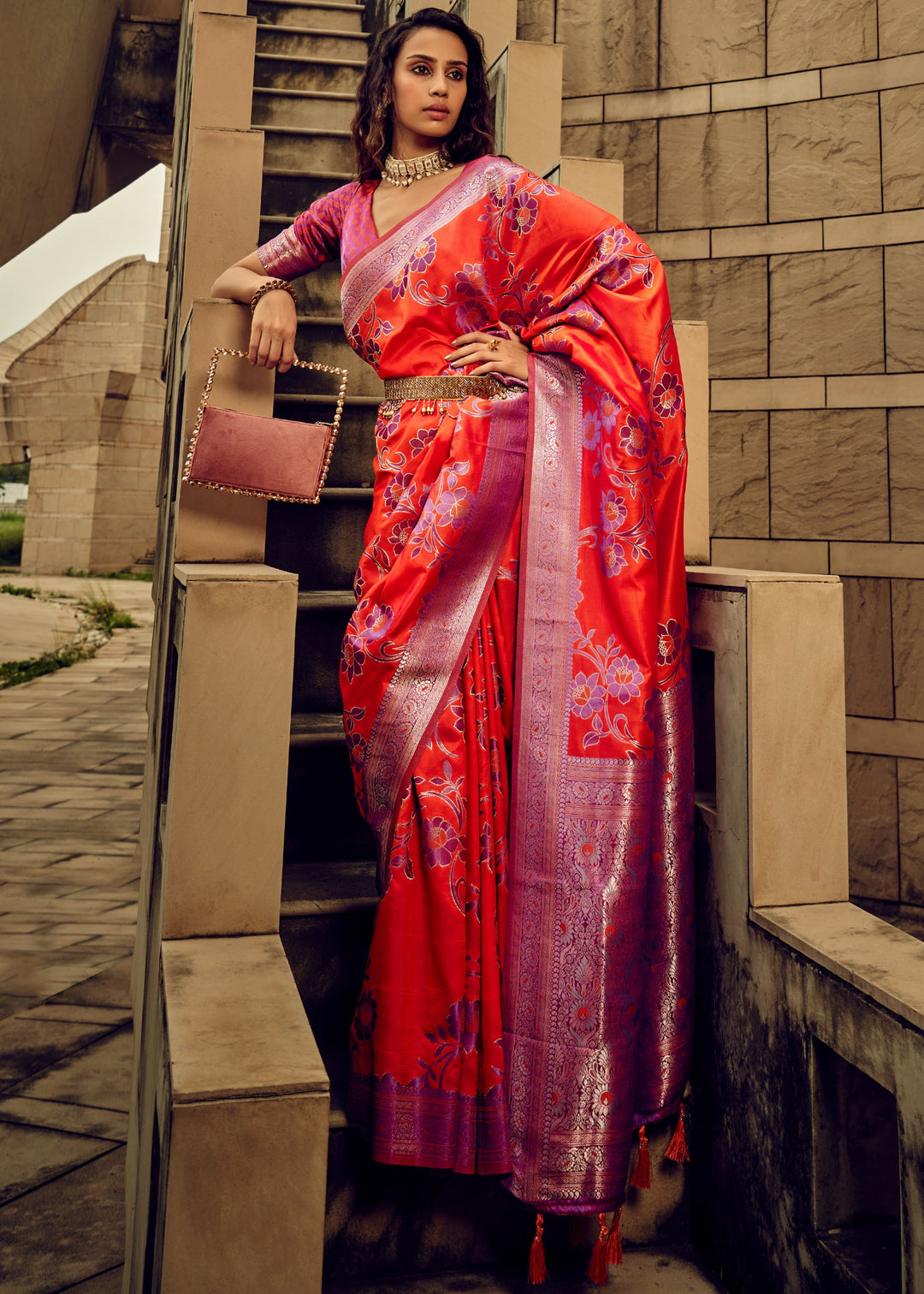 Red Handloom Weaving Satin Saree