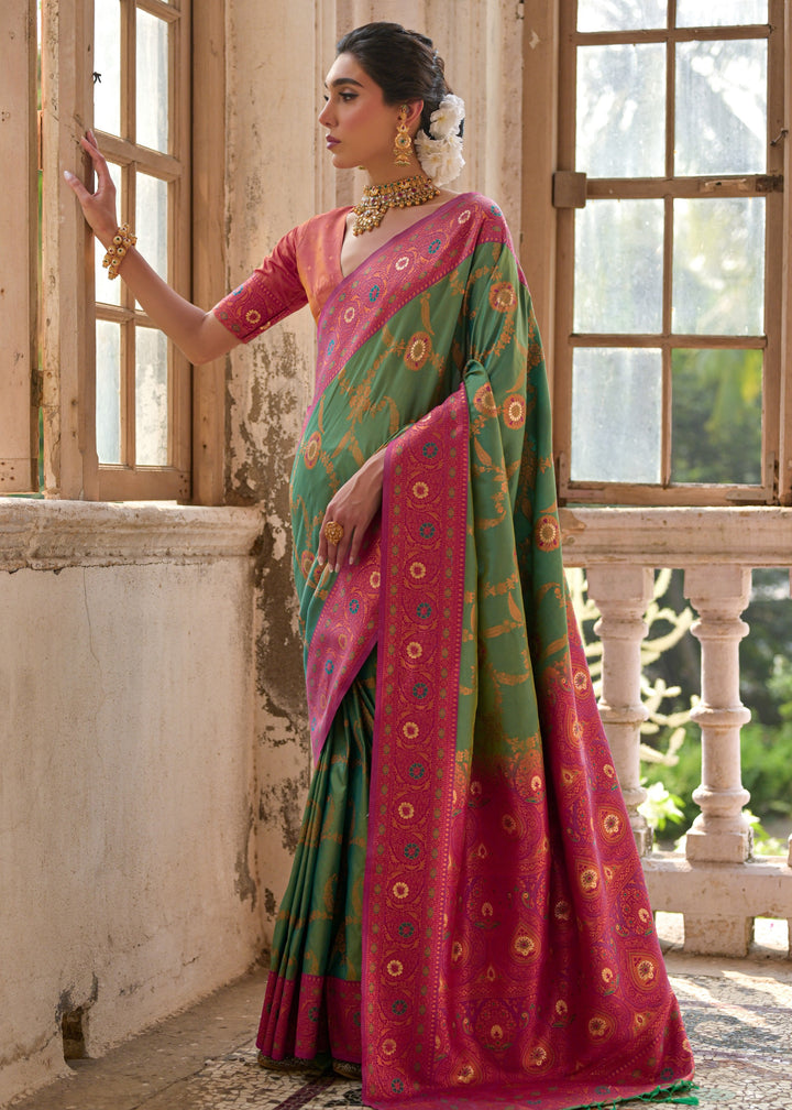 Parakeet Green All Over Flower Printed Zari Woven Banarasi Silk Saree With Contrast Pallu