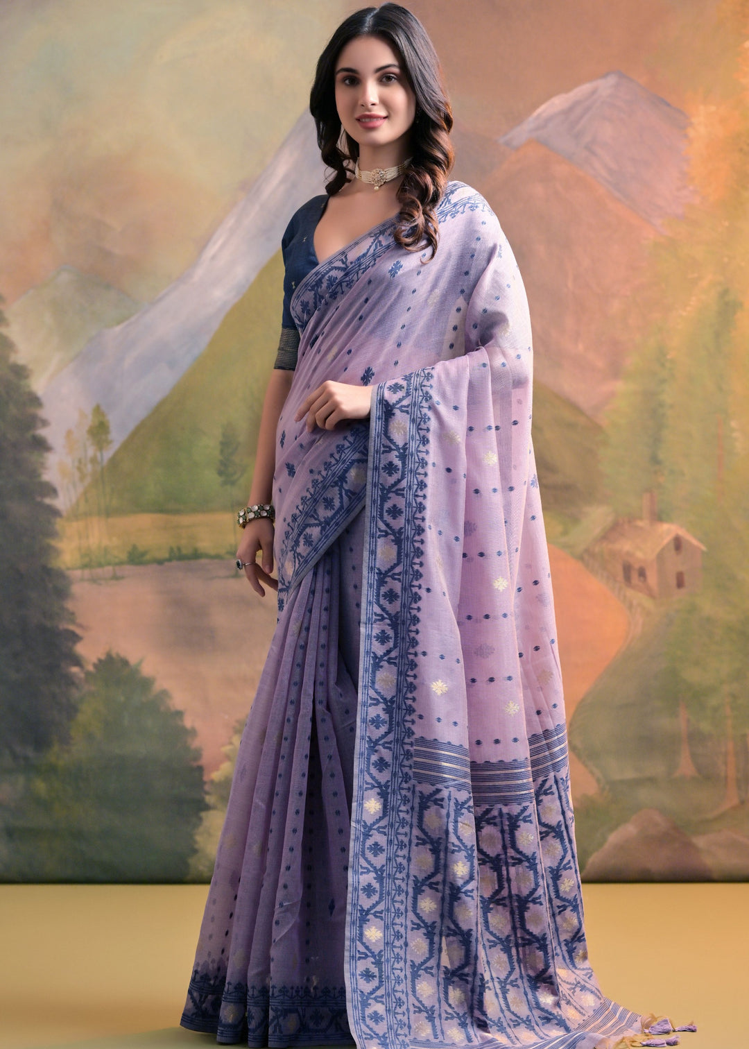 Pastel Purple Thread Woven Cotton Saree With All Over Butti