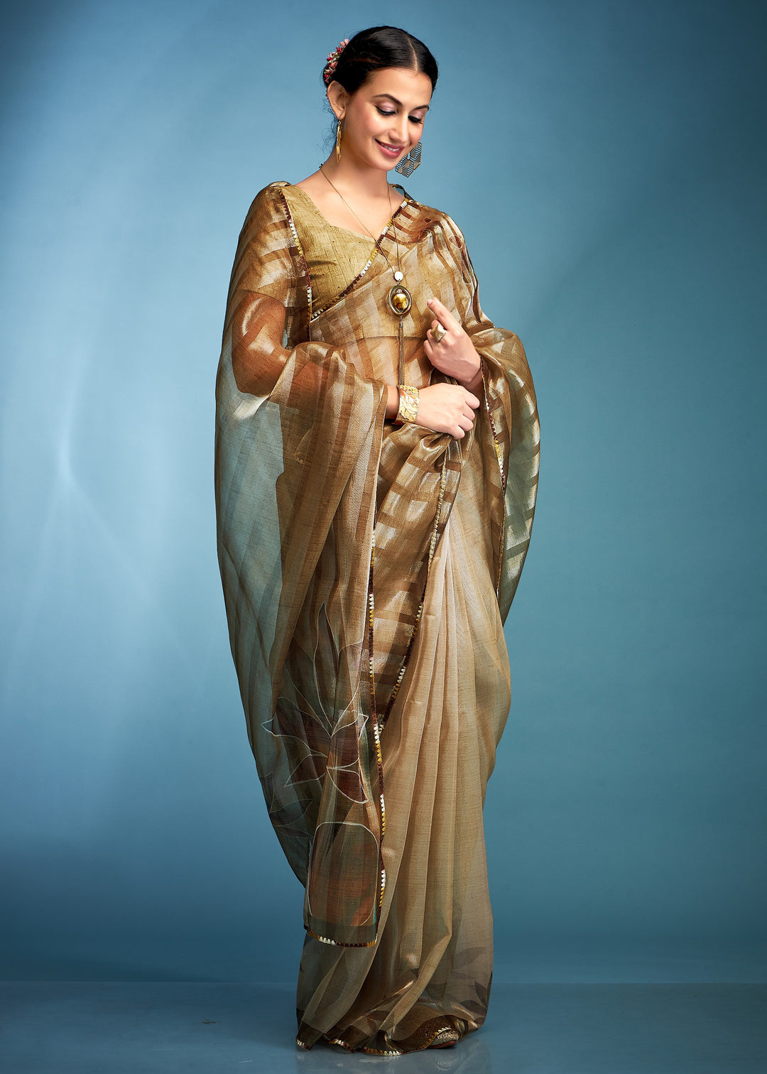 Olive Green Tissue Silk Saree With Floral Print