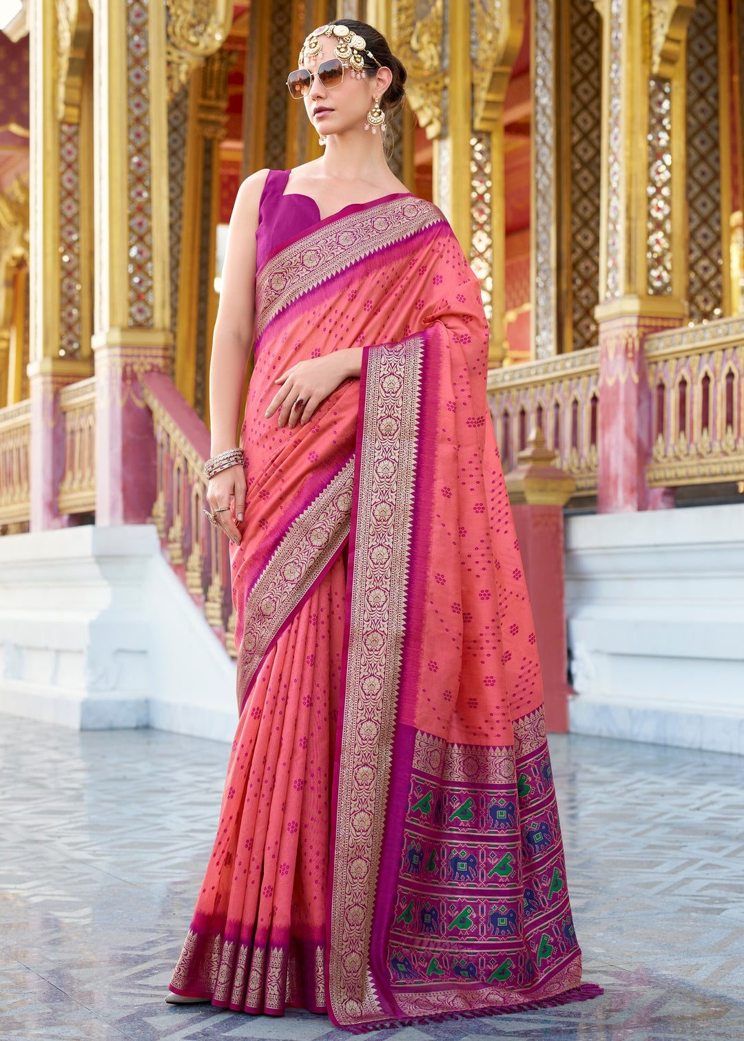 Brink PInk Tusser Handloom Silk Saree With Zari Weaving Border & Patola Weaved Pallu