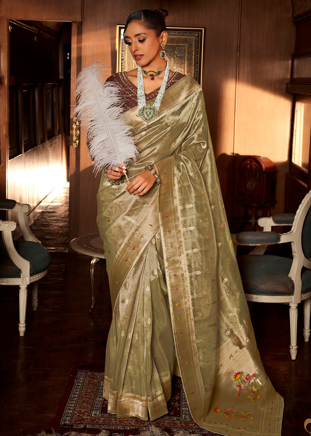 Basil Green Pure Tissue Paithani Silk Saree with Heavy Designer Embroidered Blouse