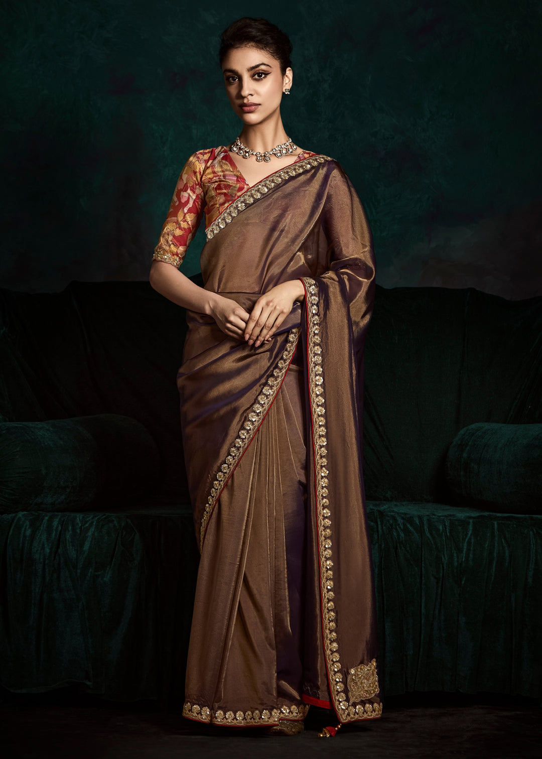 Mocha Brown Fancy Fabric Silk Saree With Sequins And Thread Embroidered Butti Work