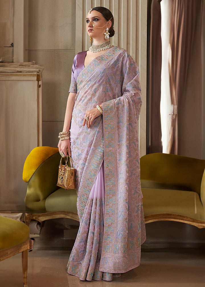 Lilac Purple Fancy Tissue Saree With Unique Work And Designer Blouse