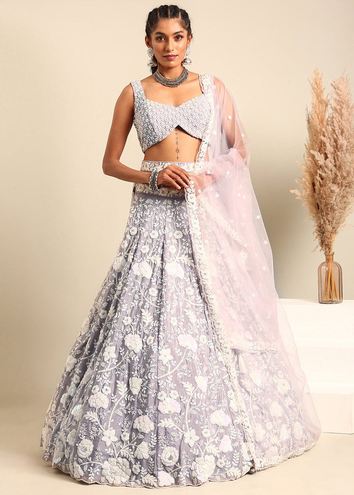 Silver Mauve Purple Georgette lehenga Choli with Sequins & Zarkan Embroidery