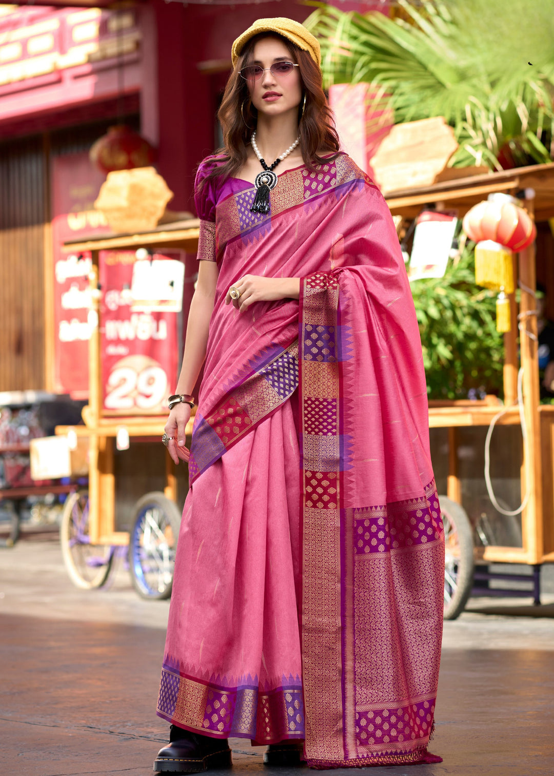 Fiery Pink Banarasi Silk Saree With Beautiful Contrast Border