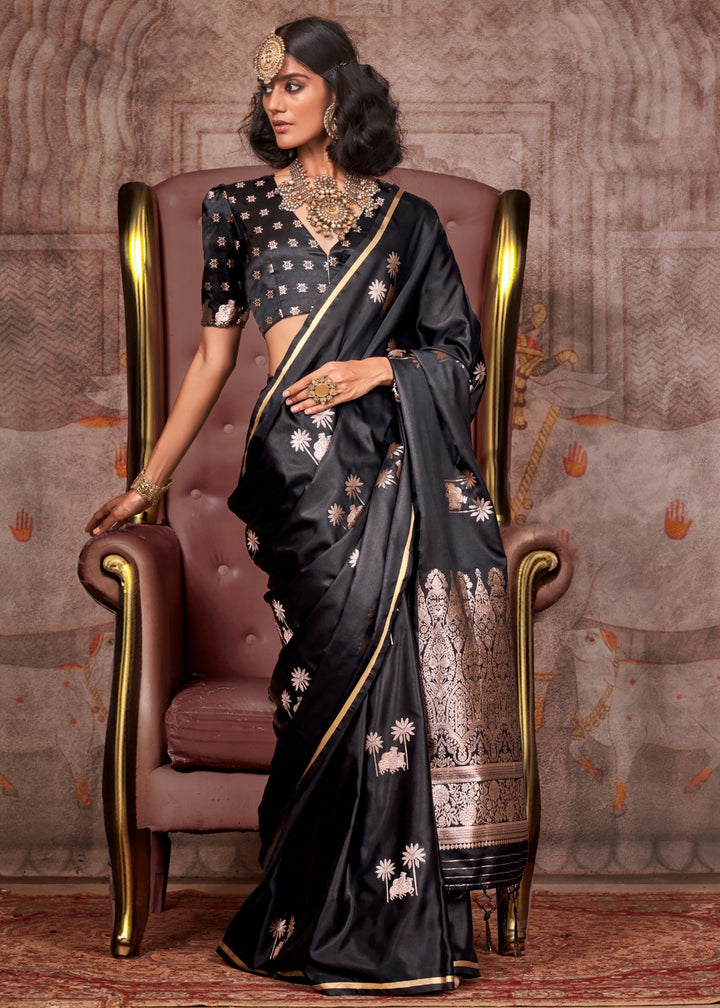 Black Pure Satin Handloom Weaving Silk Saree