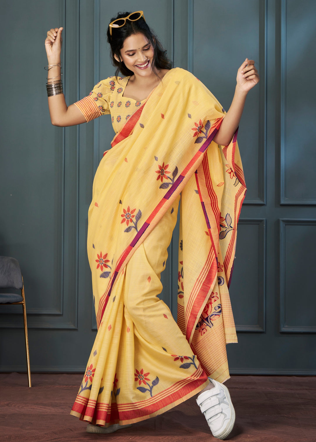 Bright Yellow Handloom Linen Silk Saree with Beautiful Weaving